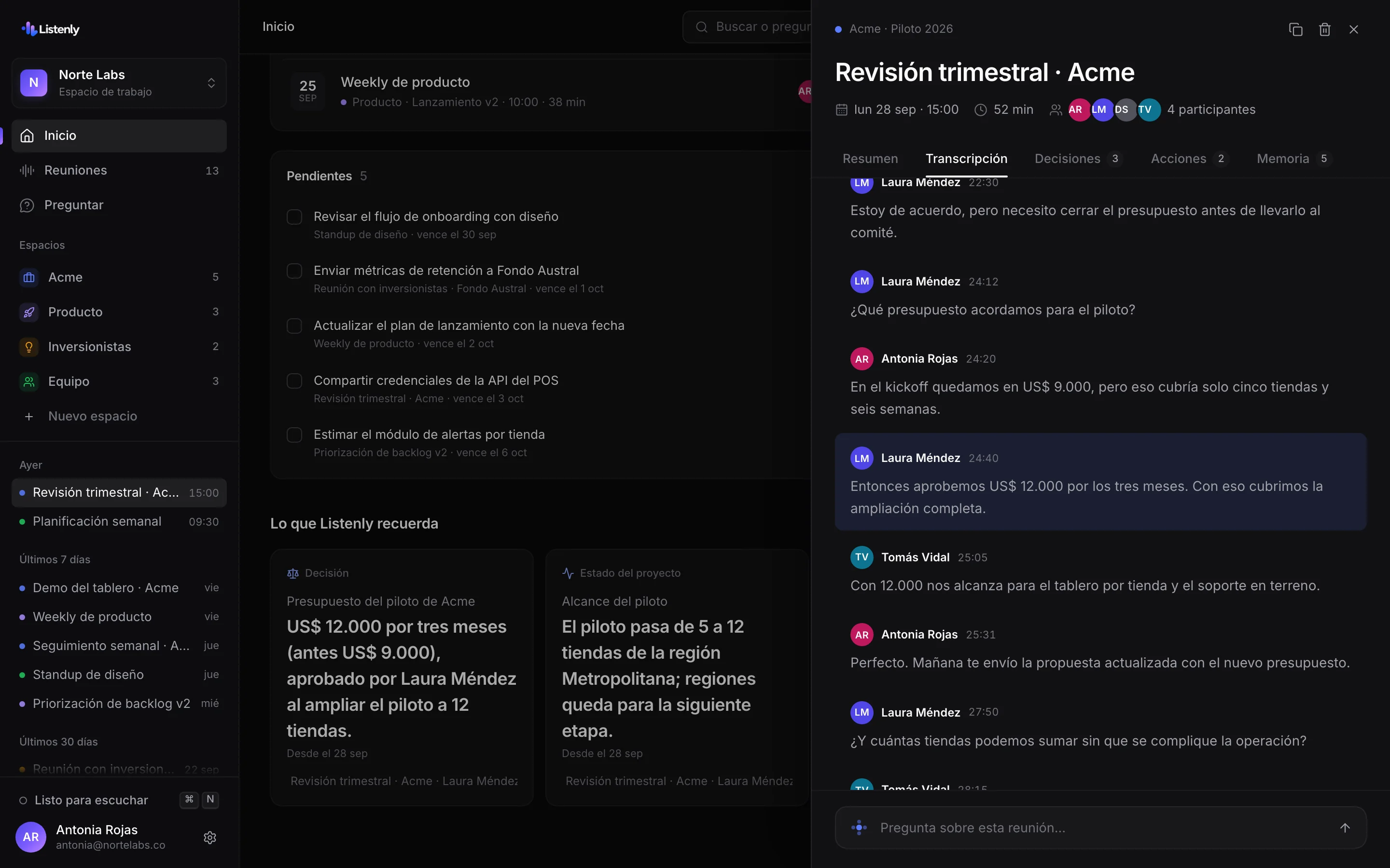 Transcripción de la revisión trimestral con Acme, con hablantes y marcas de tiempo